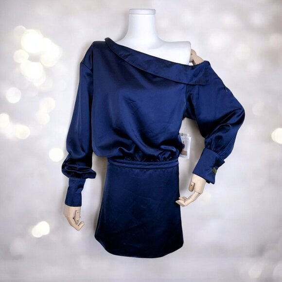 NWT Moon River Navy Satin Off Shoulder Mini Dress - Picture 8 of 8